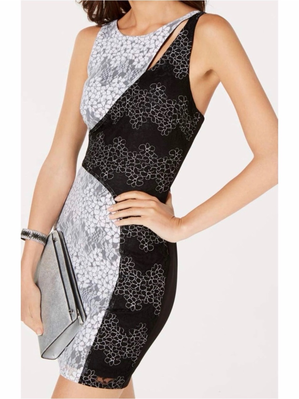 GUESS Black White Lace Colorblock Floral Sheath Mini Dress Cutout NWT Size 10